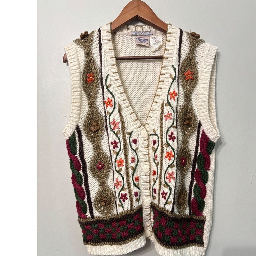Vtg 90s Huntington Ridge Hand Knit Floral Cardigan Vest XL Cottagecore